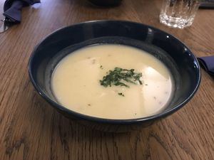 Vegan cream of celery soup. at Cafe Erde in Graz