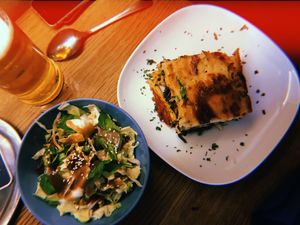 spinach cashew lasagna and salad (daily menu) at Cafe Erde in Graz