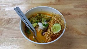 Northern thai noodles in spicy soup at Eat Me Veggie & Vegan in Bangkok