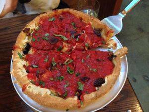 daiya cheese, veggie sausage & olive deep dish (vegan) at District of Pi Pizzeria in Washington