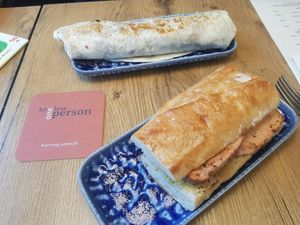 Unten Leberkäse-Semmel, oben Burrito at SIGGIS v/gan coffee & co in Freising