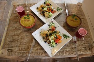 vegan dishes and soups of veggies. at TONIRT in Tamraght