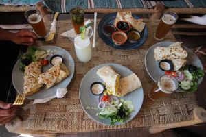 vegetarian breakfast with gluten-free pitta bread as rolls. at TONIRT in Tamraght