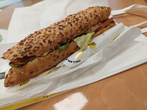 Avocado + Heura pb chickn bocadillo. Bread is amazingly good at Pans & Company - Calle de Alfonso in Zaragoza