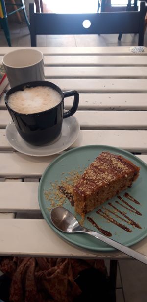 coffee with oat milk and carrot cake at La Oveja Negra in Madrid