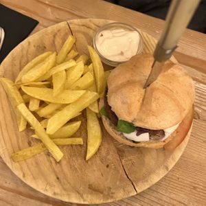 vegan queer burger with gluten free bun (bread was very hard)  at La Oveja Negra in Madrid