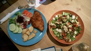 Salad and breaded seitan  at La Oveja Negra in Madrid