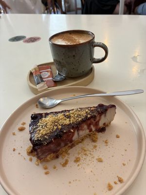 Indulgent! Cinnamon soy latte and incredible cheesecake    at La Oveja Negra in Madrid