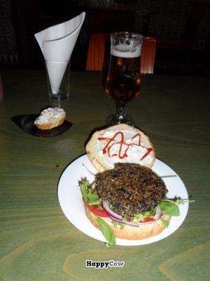 Special edition Quinoa and Black Olive burger (hamburguesa de quinoa y aceitunas negras).

Happy Lavapies fiestas, La Oveja Negra Style. Yum!! at La Oveja Negra in Madrid