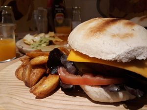 The new Vegan Queen burguer using Beyond Meat...delicious!! at La Oveja Negra in Madrid