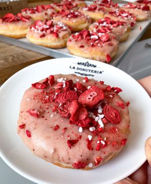 Vegan strawberry donut at La Donuteria in Trnava