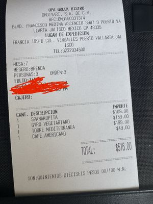 Receipt   at OPA Greek Bistro in Puerto Vallarta