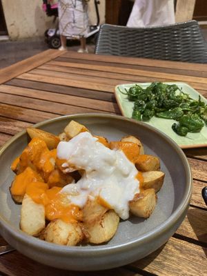 Papas bravas and pimento peppers  at El Secreto de Loreto in Denia