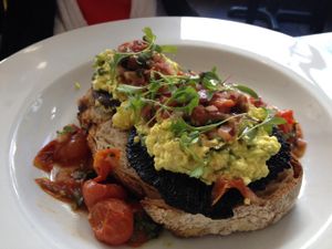 Vegan scrambled eggs on bread with portobello mushroom & salsa  at The Gate - Islington in London