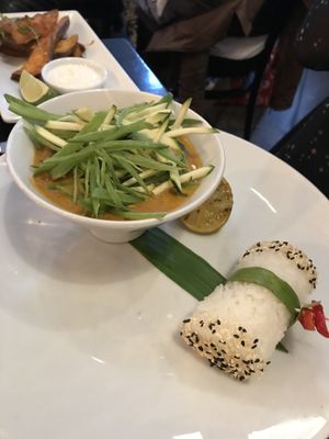 Red Thai curry with tofu, sweet potato, shiitake mushroom, okra, baby corn, plantain and sticky rice at The Gate - Islington in London