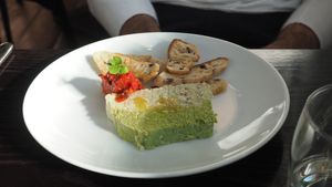 Artichoke Terrine (Starter) – Truffle & hazelnut infused artichoke, homemade sundried tomato & basil salsa, grilled bread - Part of £22.50 3 Course Set at The Gate - Islington in London