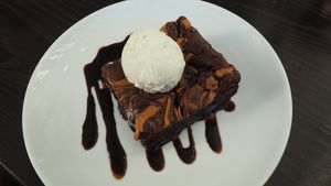 Peanut Butter Brownie (Dessert) with vanilla ice-cream & chocolate sauce - Part of £22.50 3 Course Set at The Gate - Islington in London