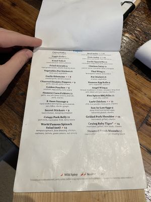 Menu appetizers  at Nittaya's Little Kitchen in Las Vegas