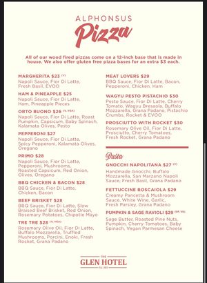 Pizza menu  at The Glen Hotel in Eight Mile Plains