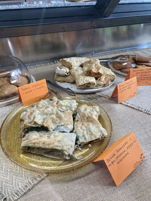 Vegan banitsa (pastry pie) with tofu and spinach and the other one with lentils and red peppers  at Manjari in Burgas