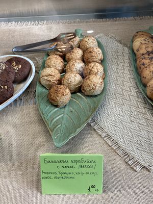 Vegan banana and coconut pastry   at Manjari in Burgas