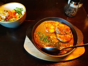 Pilz-Lupinen-Ragout in bad light at Bodhi in Nuremberg