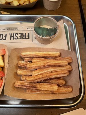 Churros (cinnamon sugar) with vegan chocolate  at Frittenwerk - Marktstraße in Koblenz