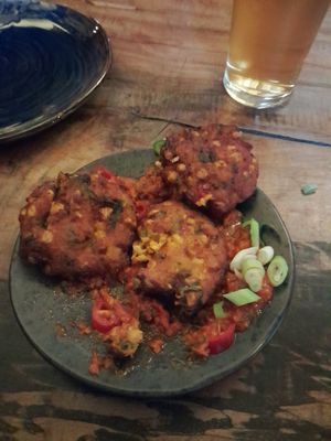 Sweet potato and sweetcorn pattie on the tapas menu. at Valhalla in York