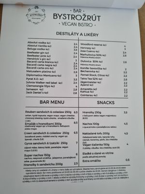 Menu at Bystrožrút in Nitra