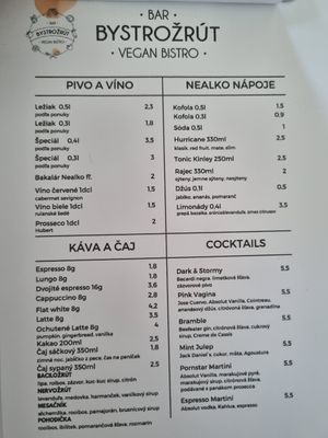 Menu at Bystrožrút in Nitra