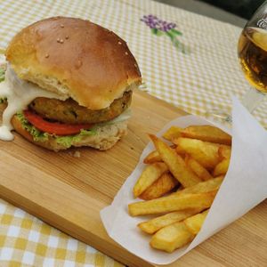 Chickpea burguers with french fries at 4Bs (Alojamento Local) in Castro Verde