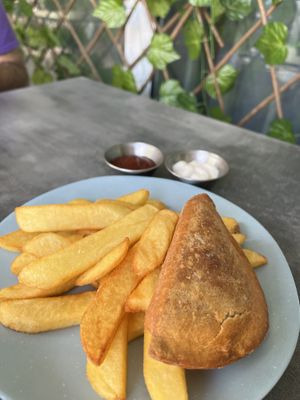 Chips and sambusak  at Teva Ha'ochel - Hummus Tov in Kfar Saba