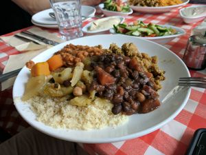 Variety plate - you choose 5 dishes and 2 salads  at Teva Ha'ochel - Hummus Tov in Kfar Saba
