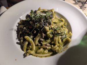 Vegan casarecce pasta at Devil's Isle Cafe in Hamilton