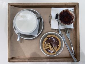 soy cappuccino, soy ‘marocchino’ and chocolate tart  at Cortinovis Dolci e Gelati in Milan