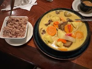 Yellow curry with mock duck and red rice (called brown rice on the menu) at Lemongrass in Moss Landing