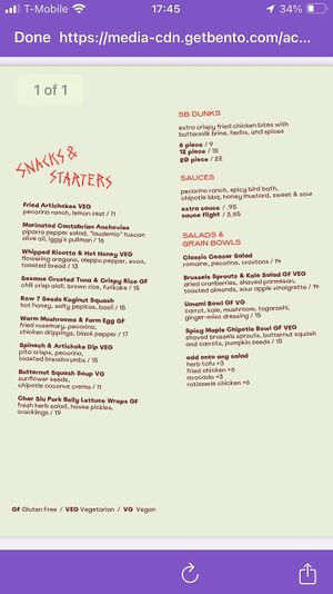 Menu  at Shy Bird in Boston