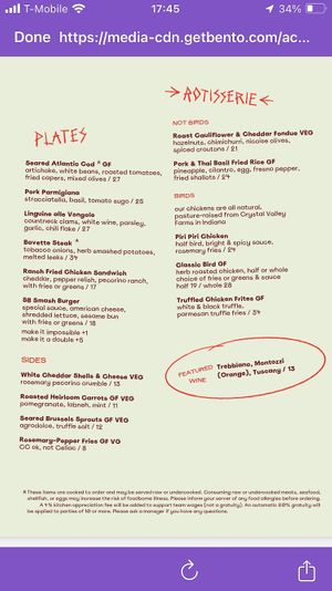 Menu  at Shy Bird in Boston