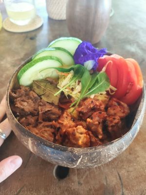 Adobo bowl at Daos Beach Bistro - Haruhay Eco Beach Tavern in Camiguin