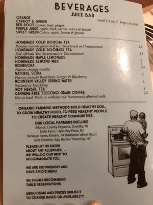 Back page of menu at Good Earth Organic Eatery in West Cape May