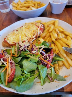 Plant based parmie with salad and chips at The Royal Oak in Penola