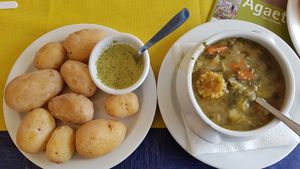 Boiled potatoes with Mojo sause and Canary vegetable stew at Terraza Angor in Gran Canaria