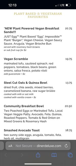 Vegan menu  at Diner Deluxe in Calgary
