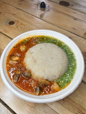Eba, okra and mushroom stew at Afrizi in Basingstoke