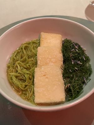 My favorite dish, tofu and a stew of the ‘leftovers’ from the tofu making process.  at NARO in New York City