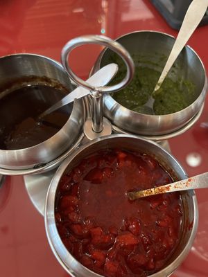 3 vegan sauces  at Green Chili Indian Restaurant in Dayton