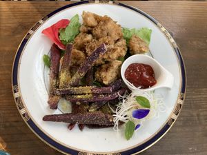 Fried “chicken” and beni imo   at Ryuness - リューネス（ゆかるひ店） in Okinawa