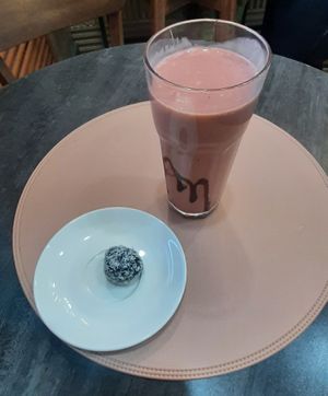 Strawberry choco shake + *...* ball (I do not know the name. 😁 at Agnista Coffee Shop in Ulaanbaatar
