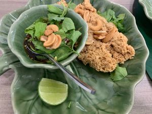 Vegan crispy catfish with sauce.  at Vegan Style By Mars De in Bangkok