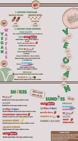 Vegan menu with a variety of options to choose from  at WaffleOn Desserts in Bolton